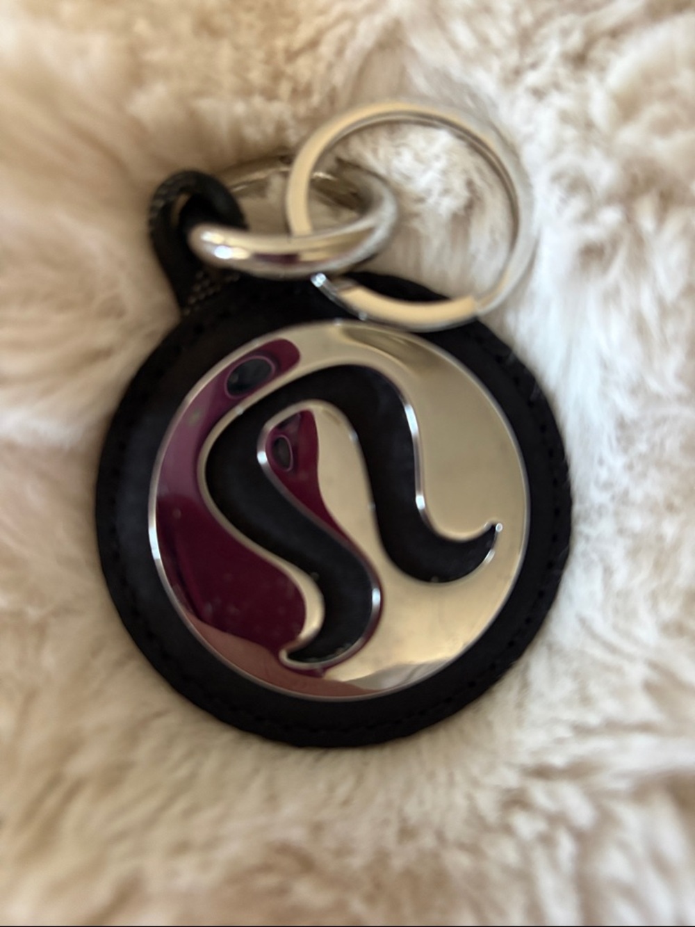 lululemon athletica Black and Silver Logo Keychain with Maroon Accent